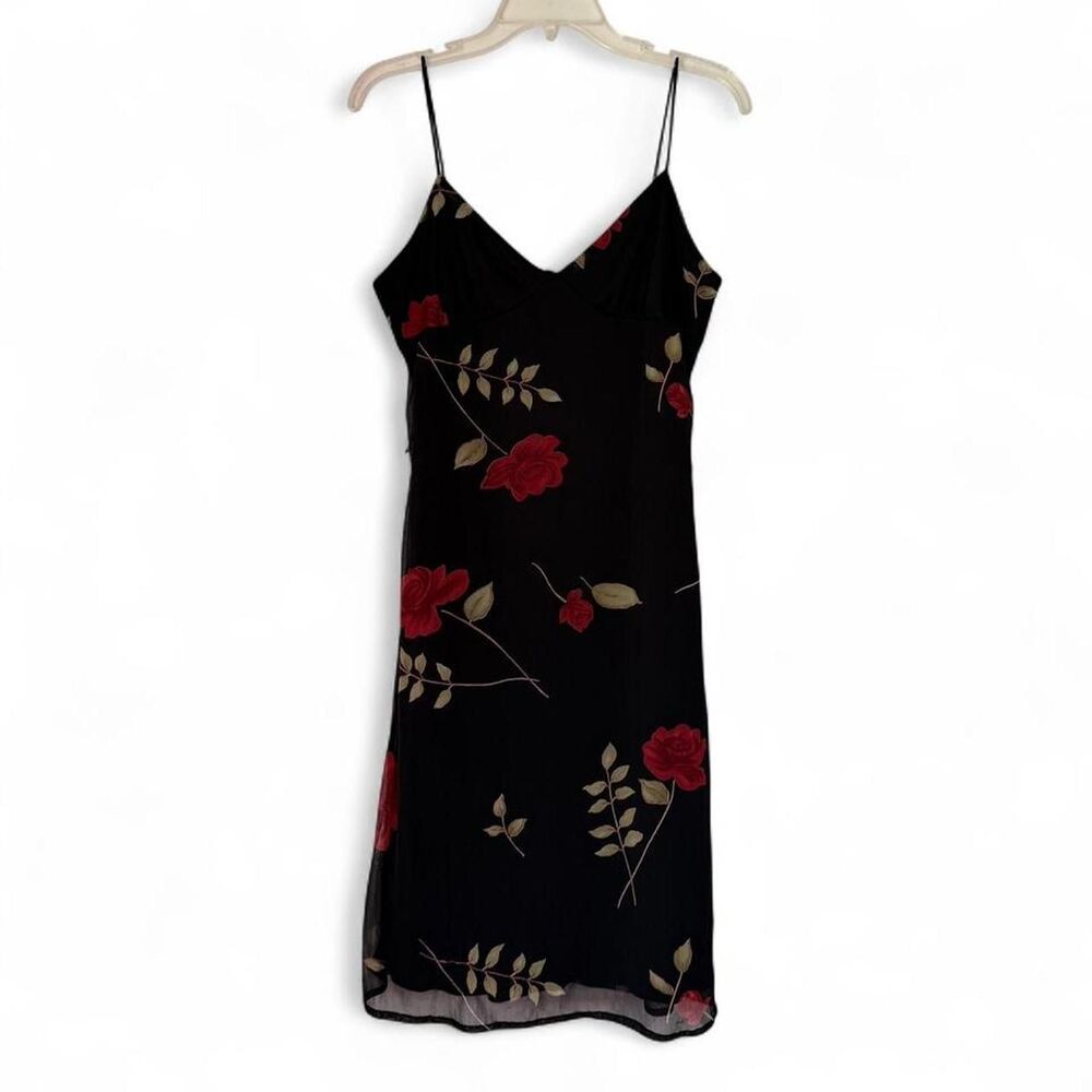 black slip dress red floral rose print spaghetti straps sheer overlay LARGE